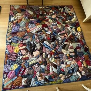 Vintage Handmade Crazy Quilt w Beautiful Fabrics Blue Back w Embroidered Names